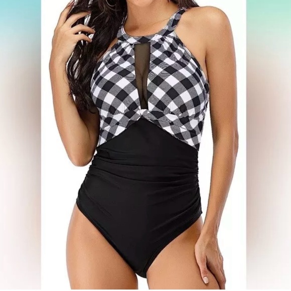 Cromi NWT one piece Slimming Swimsuit, Black and Plaid, XL - Picture 1 of 7